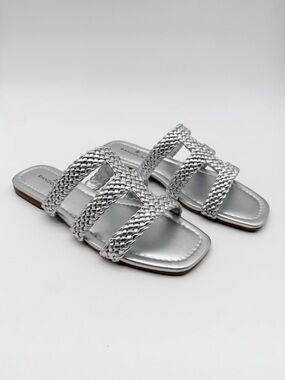 Bandolino Sumer Woven Metallic Slide Sandals Square Toe Flat Silver 6.5 NEW